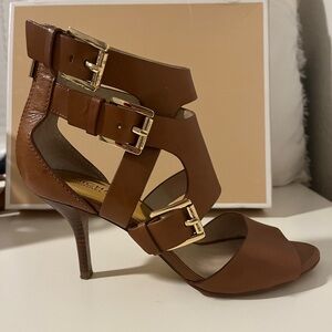 ON SALE $18. Michael Kors Lucinda Camel Brown Leather Peep Toe 3" Stiletto Heels